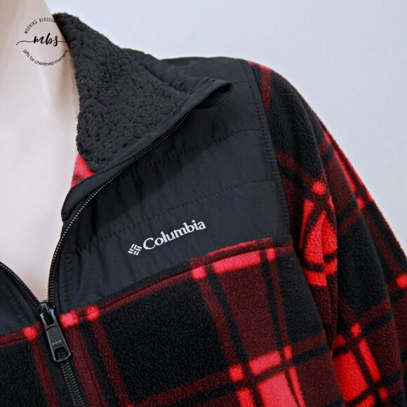 Columbia Benton Springs Overlay Plaid Check Zip Fleece Jacket Red Black Women M - Picture 7 of 10